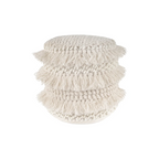 Pouf rond en laine écrue avec trois couches de franges et pompons, Ø35 cm