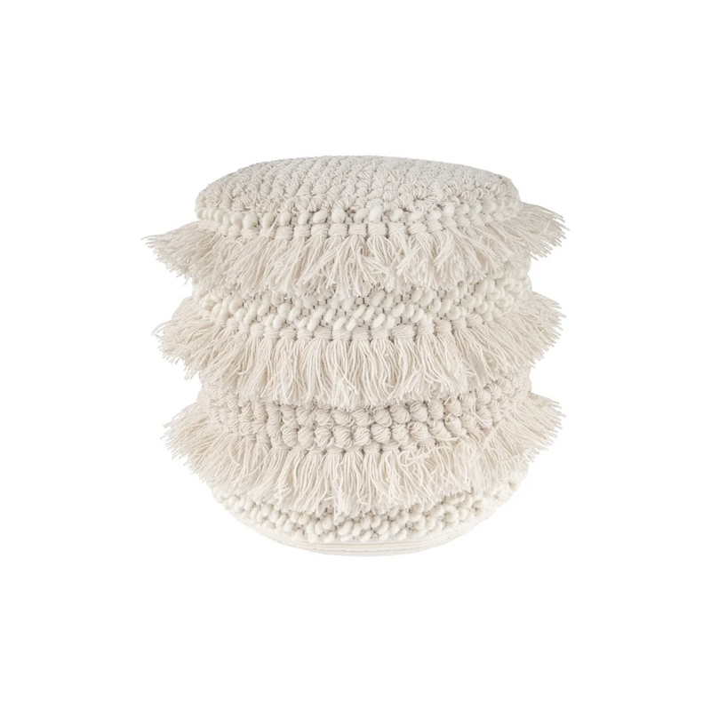 Pouf rond en laine écrue à franges et pompons – Ø35 cm