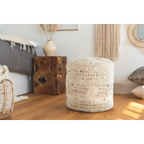 Pouf rond en laine écrue et khaki avec franges, sequins et texture shaggy Ø35 cm