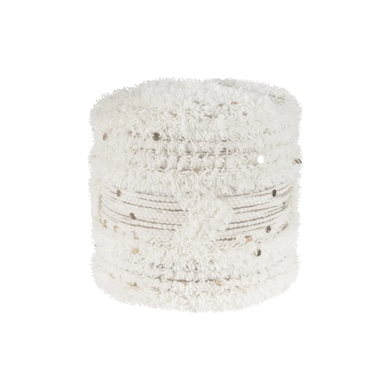 Pouf rond en laine écrue et khaki tuftée avec franges et paillettes – Ø35 cm