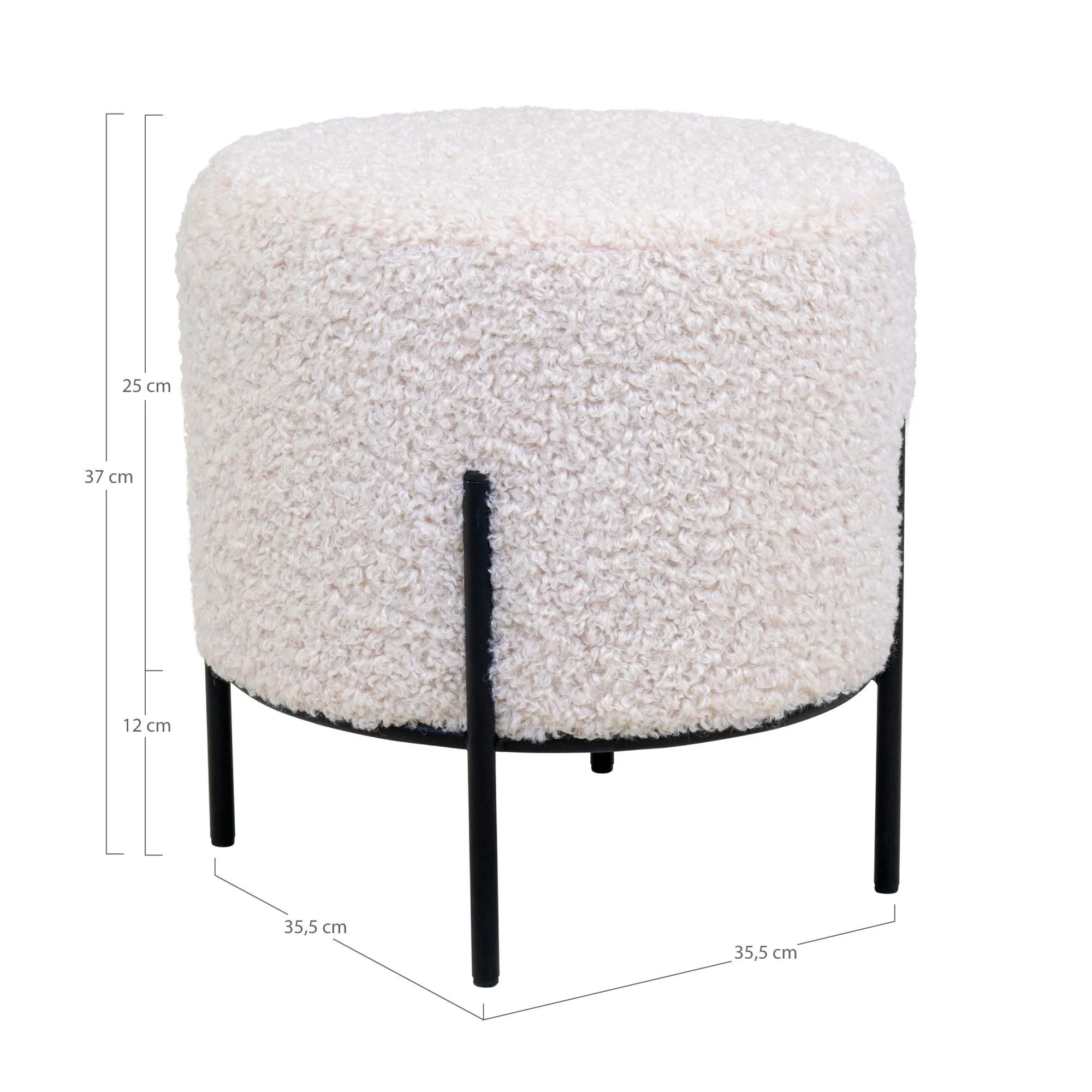 Tabouret pouf rond en tissu bouclé écru avec pieds métal noir Ø35,5 cm