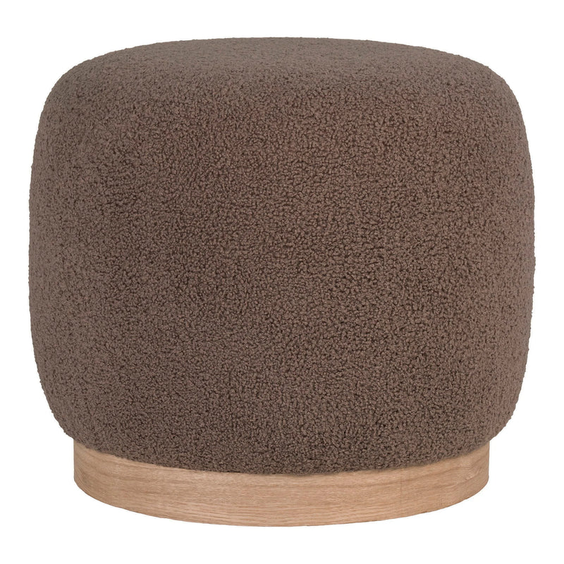 Pouf rond en tissu bouclé marron socle bois clair – Ø44,5 cm