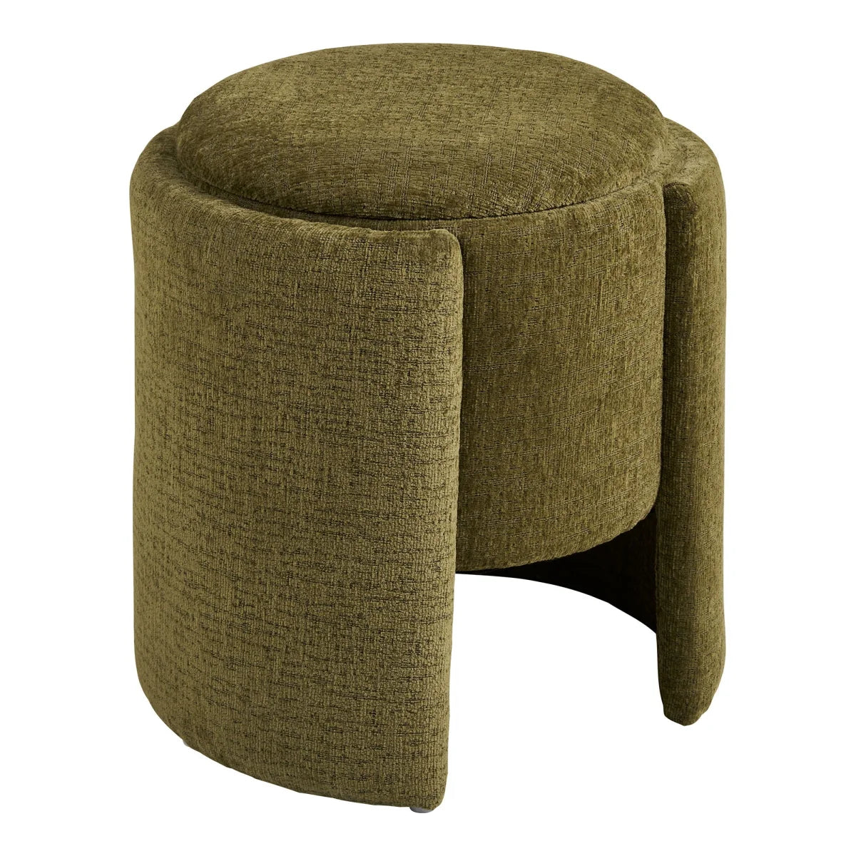 Pouf rond en tissu vert olive texturé, design courbé minimaliste Ø42 cm