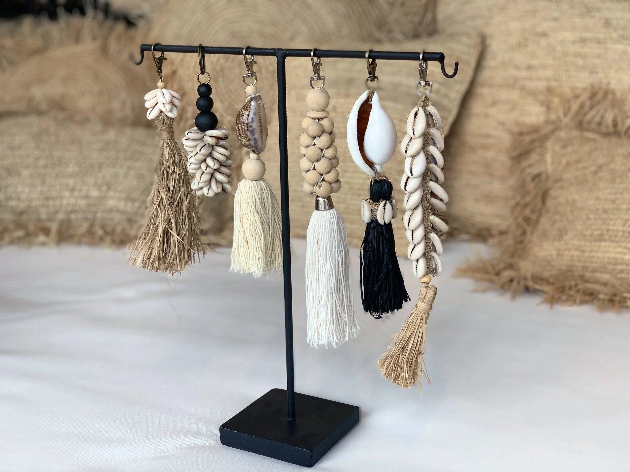 Présentoir bijoux boho en métal noir forme T avec crochets, set de 3