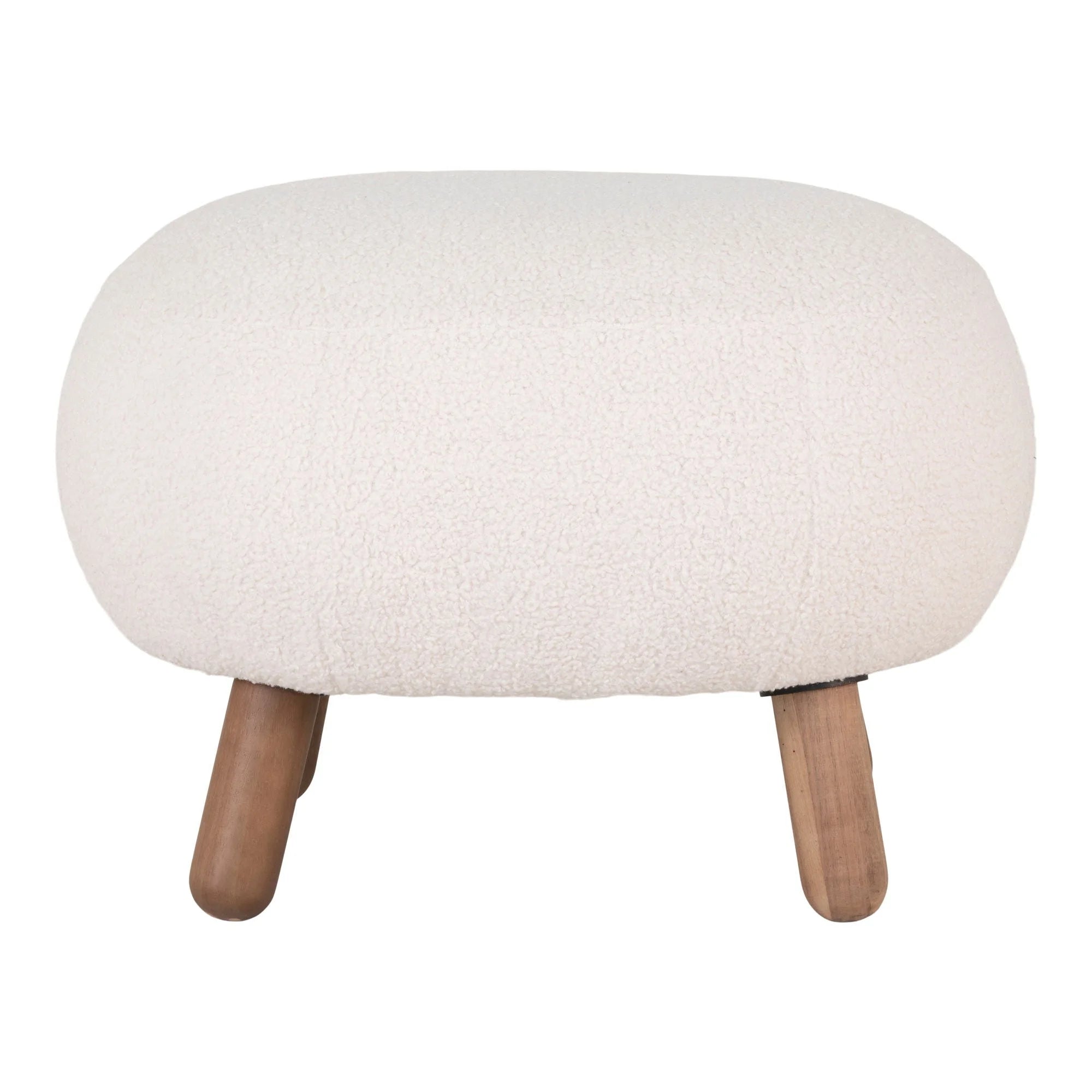 Repose-pieds rond en tissu bouclé écru avec pieds en bois naturel H41 cm