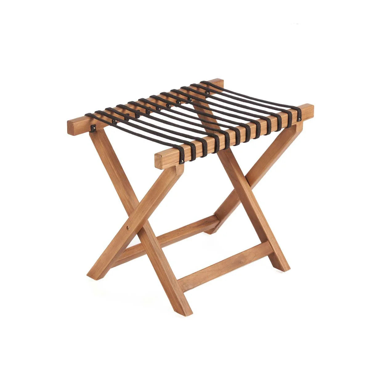 Repose-valise pliable en teck avec assise tressée noire et sangles noires