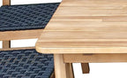 Table acacia brun clair à surface lisse ajourée pour salon de jardin avec corde bleue