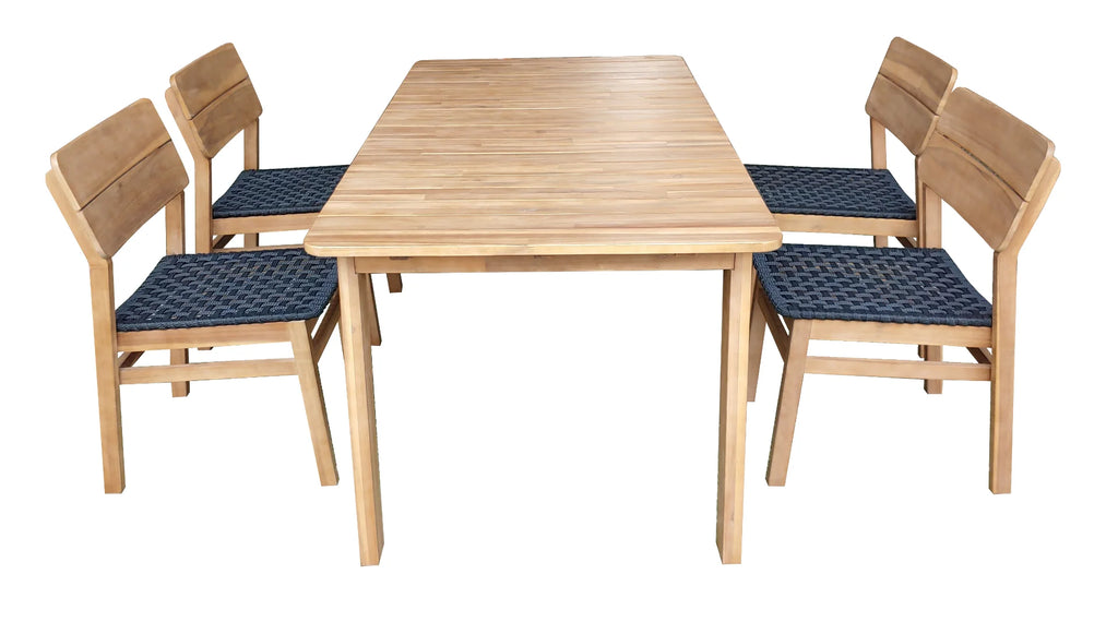 Salon de jardin acacia et corde bleue : table et 4 chaises claires