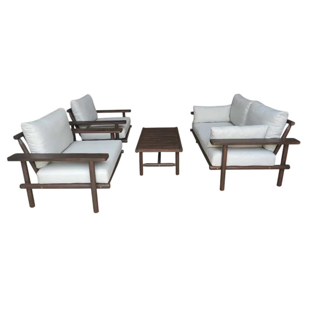 Ensemble de jardin en bois foncé d’acacia massif avec coussins blancs, set de 4