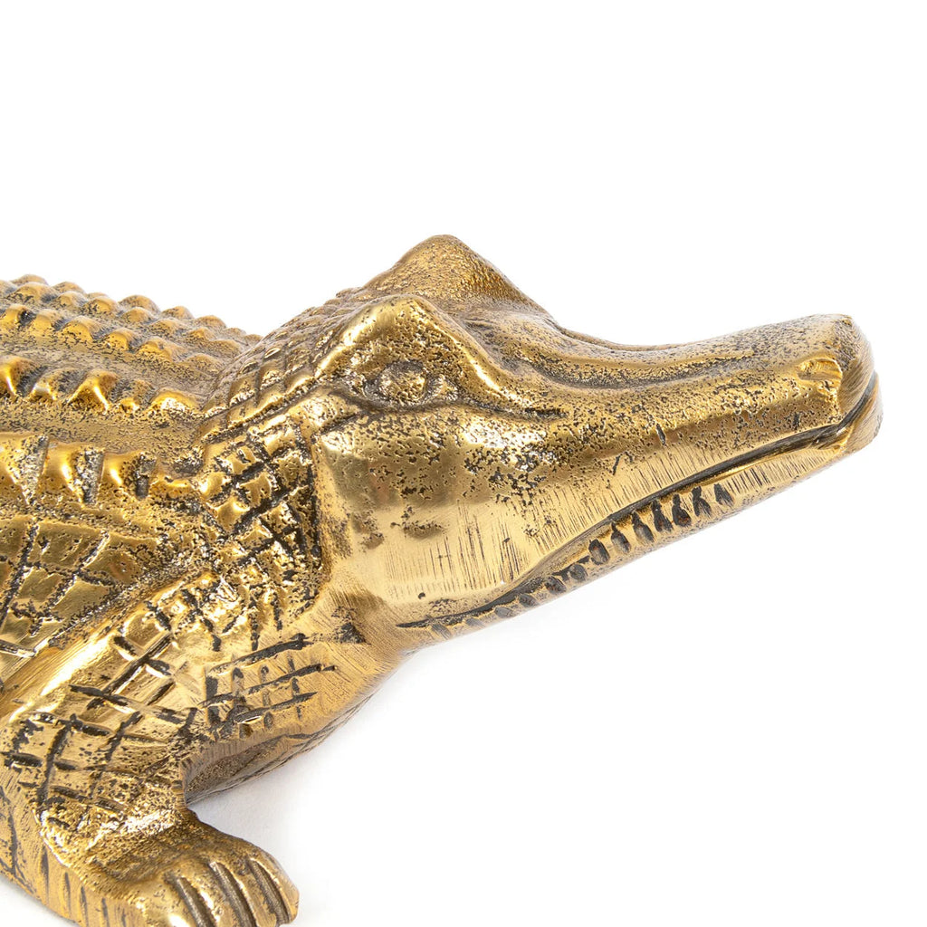 Serre-livres crocodile en laiton vieilli doré, écailles texturées