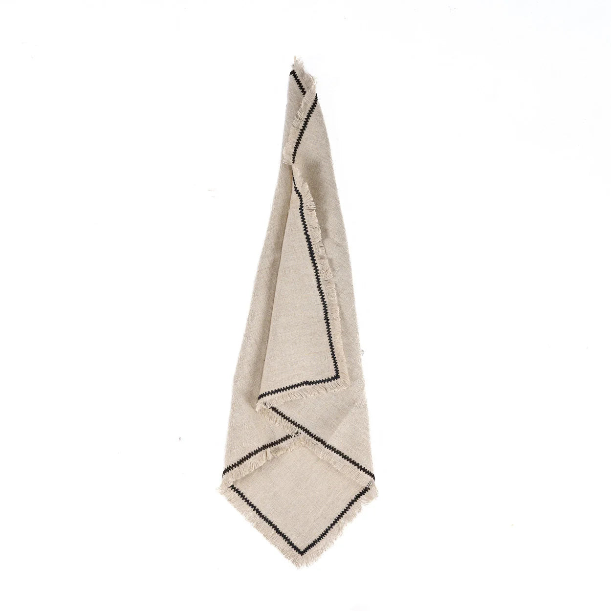 Serviette de table en lin naturel beige et noir rayé, bordure contrastante effilochée