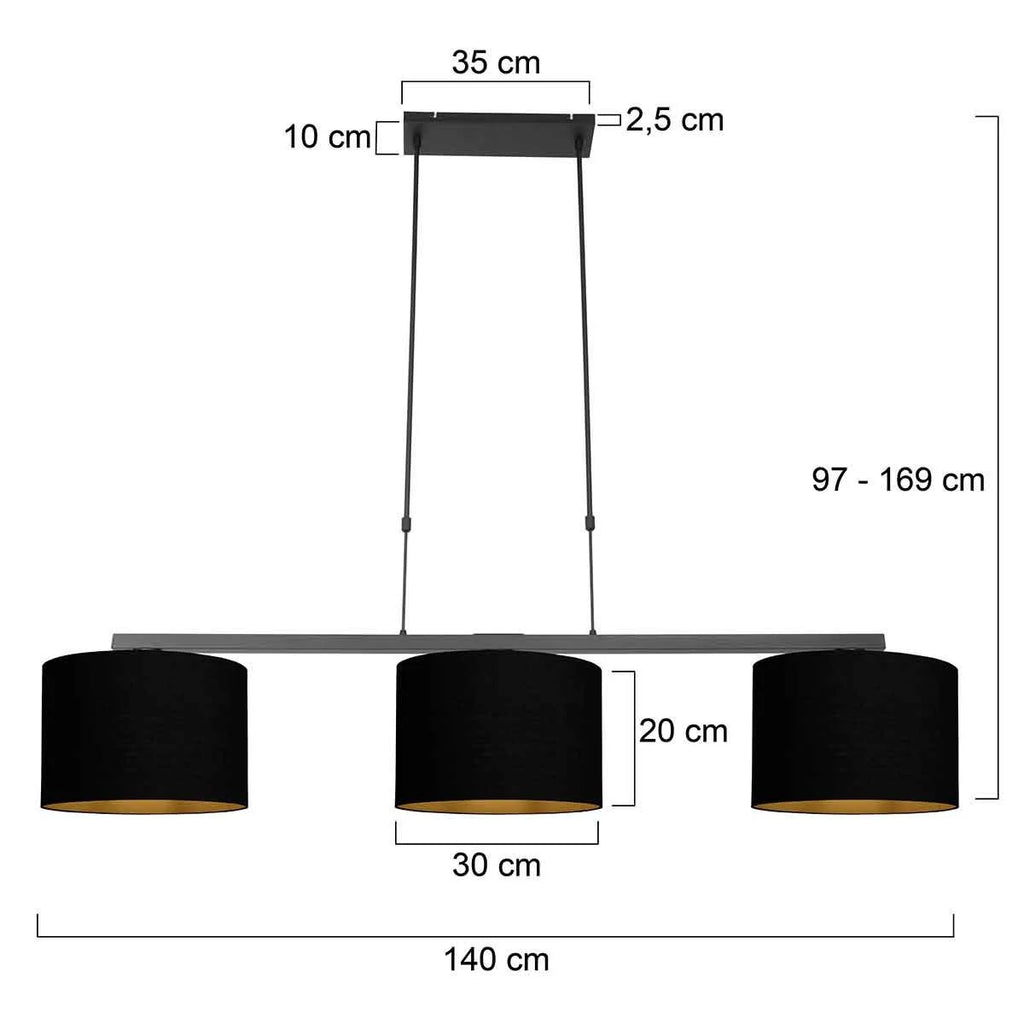 Lampadaire suspendu noir à trois abat-jour en tissu avec intérieur doré, 140x30 cm