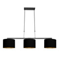 Suspension 3 abat-jour tissu noir intérieur doré, luminaire linéaire 140x30 cm
