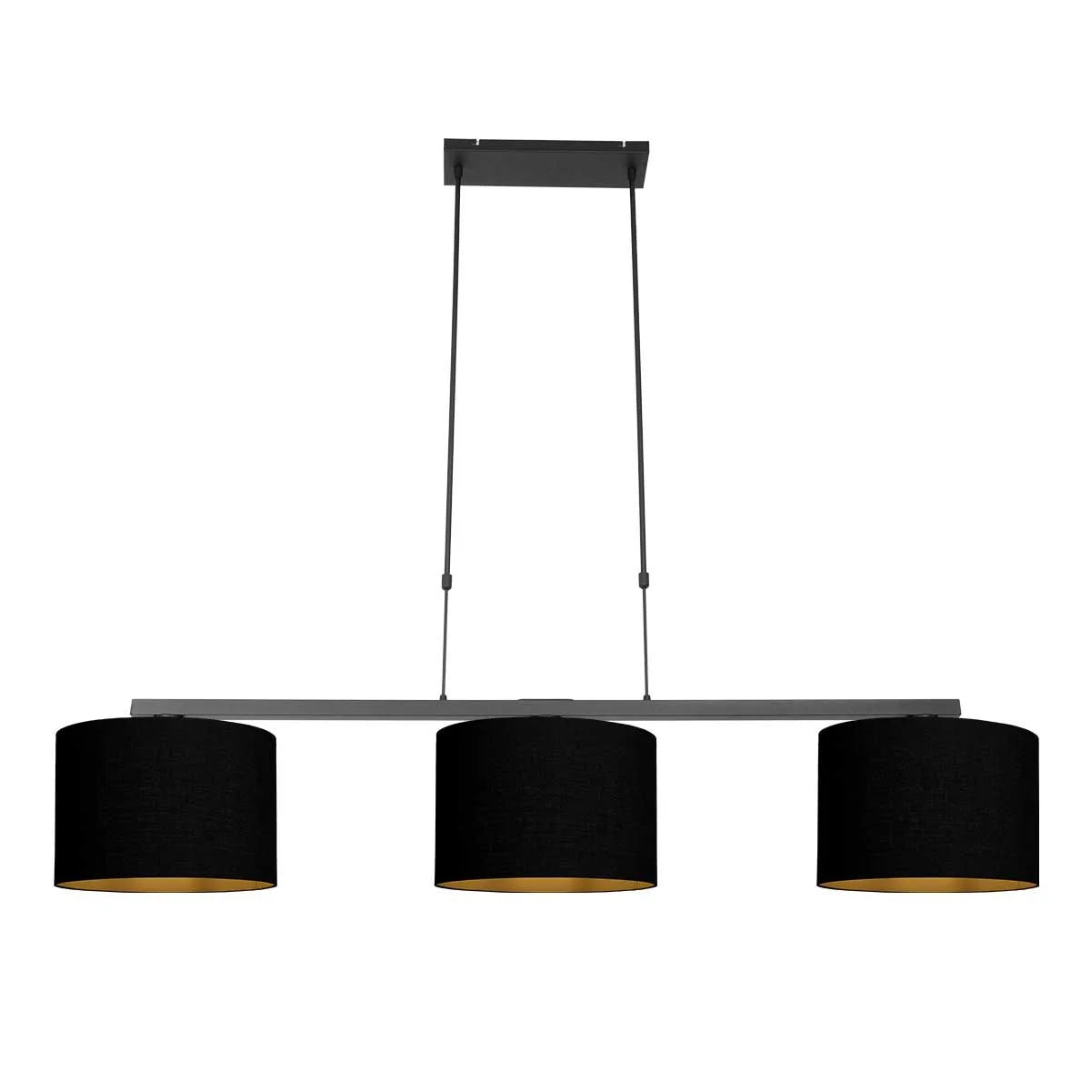 Suspension 3 abat-jour tissu noir intérieur doré, luminaire linéaire 140x30 cm