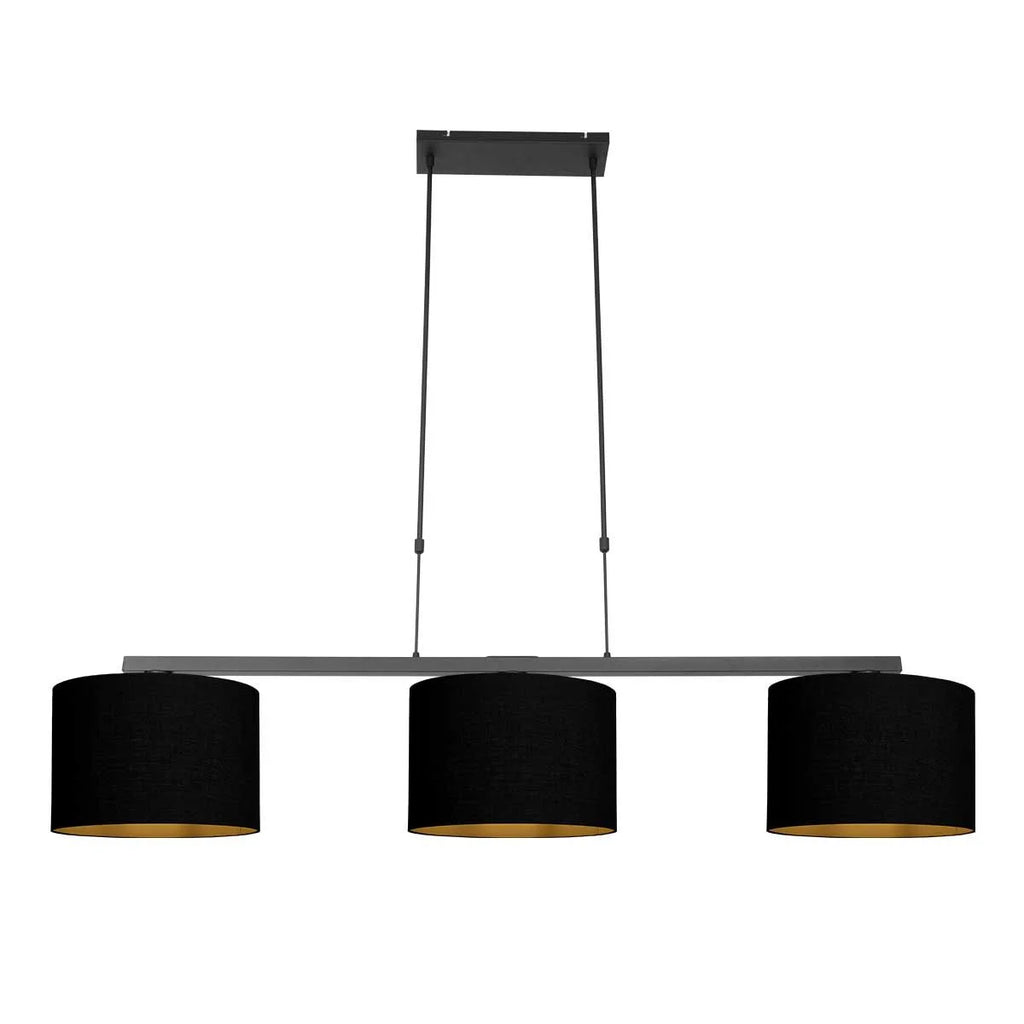 Suspension trois abat-jour tissu noir intérieur doré, luminaire linéaire élégant