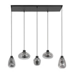 Suspension 5 lumières en verre fumé et acier noir, dimensions 100x30 cm
