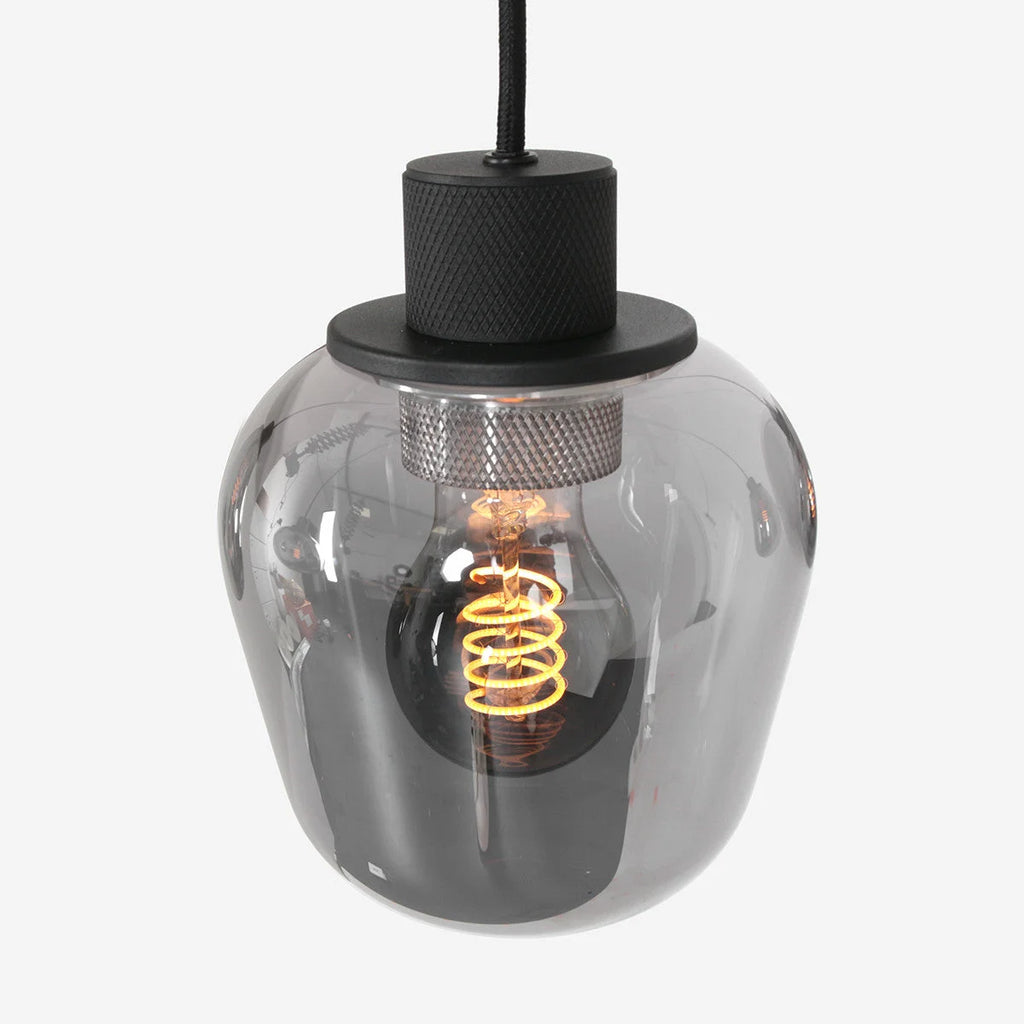 Ampoule spiral dans suspension en verre fumé et acier noir 100x30 cm