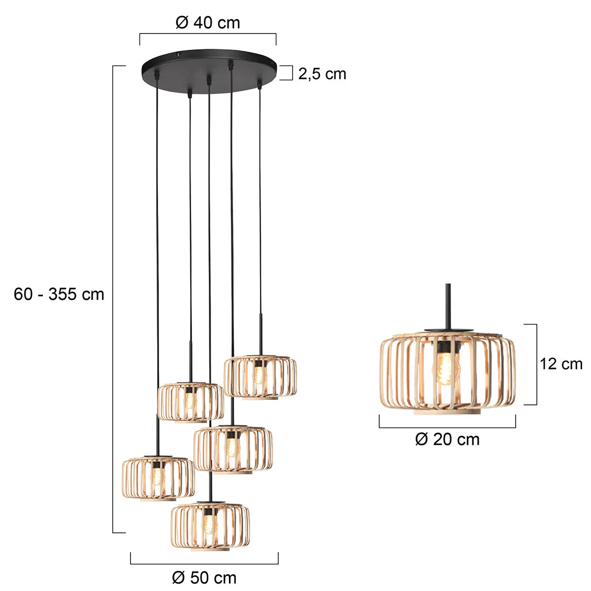 Suspension bambou cuivré avec 5 abat-jours cylindriques ajourés