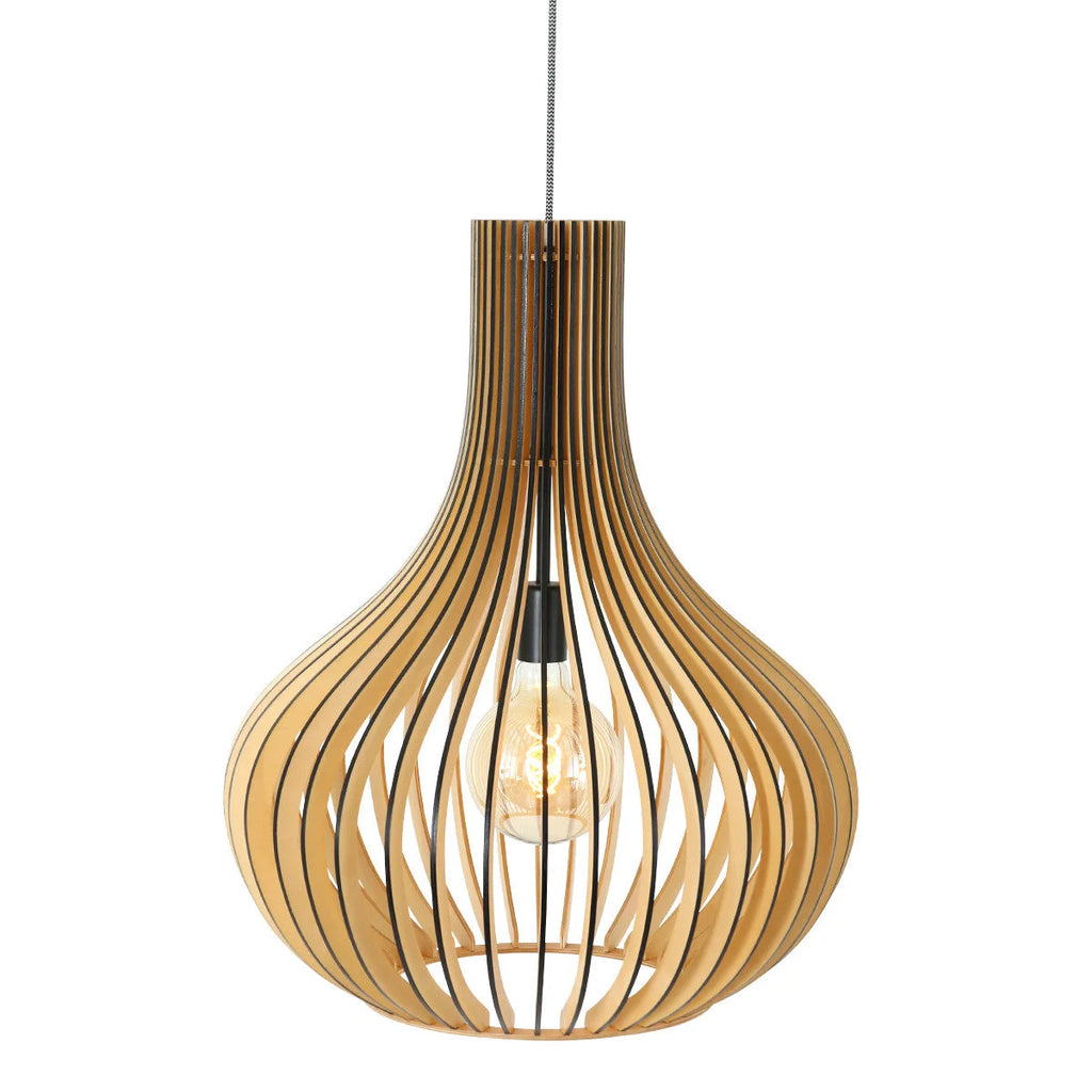 Suspension bois ajouré forme goutte naturel avec lampes en bois slat Ø50 cm
