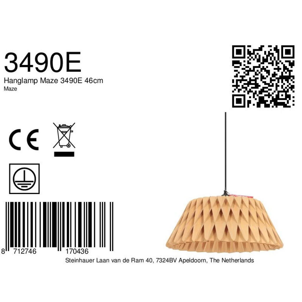 Suspension en bois naturel avec lampe labyrinthique suspendue, design ondulé et câble noir