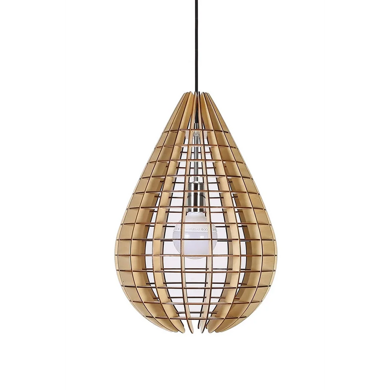 Suspension en bois naturel forme goutte ajourée avec ampoule visible – H49 cm