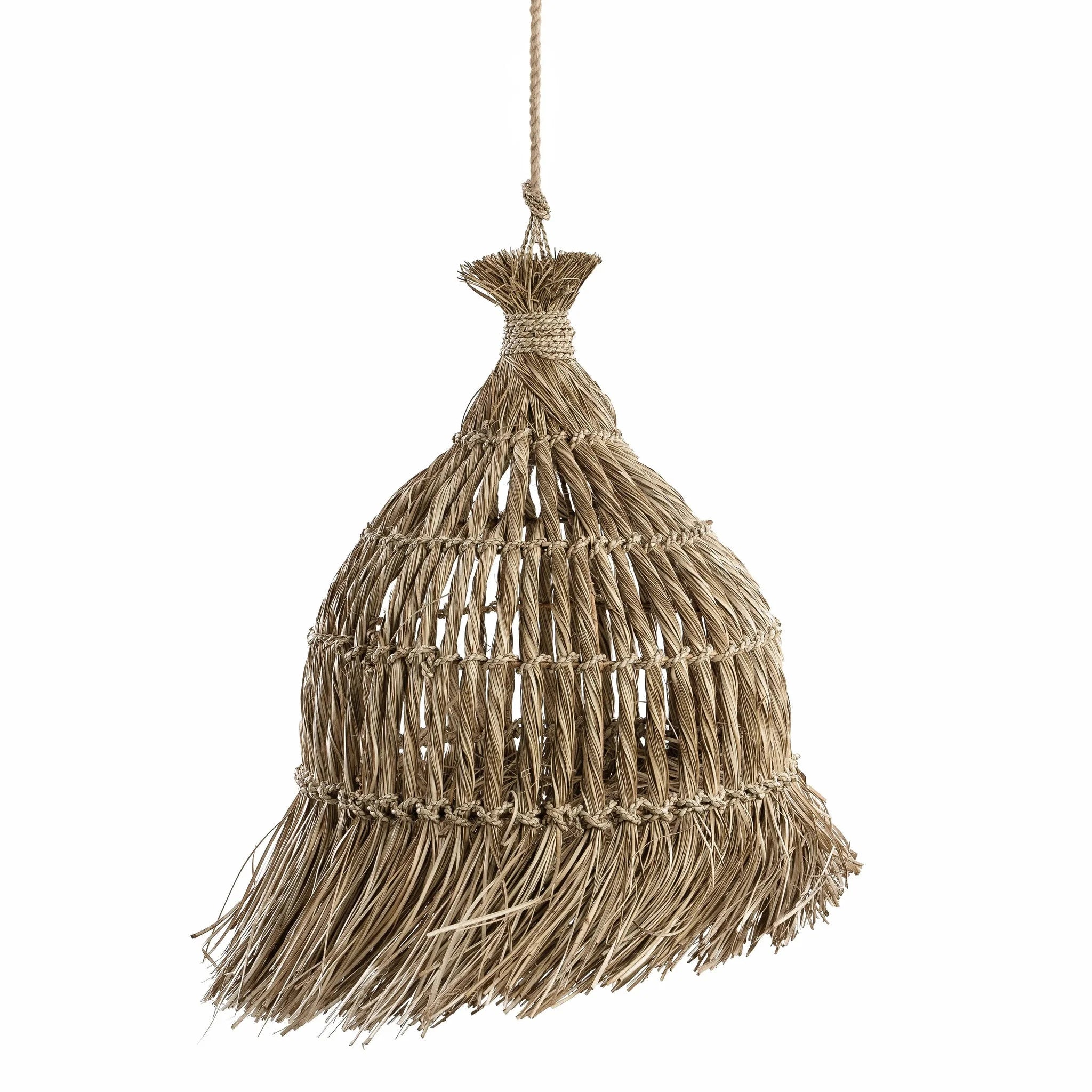Suspension conique en jacinthe d’eau tressée avec franges naturelles – H90 cm