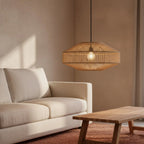 Suspension en rattan tressé beige sable ajouré hexagonal Ø60 cm