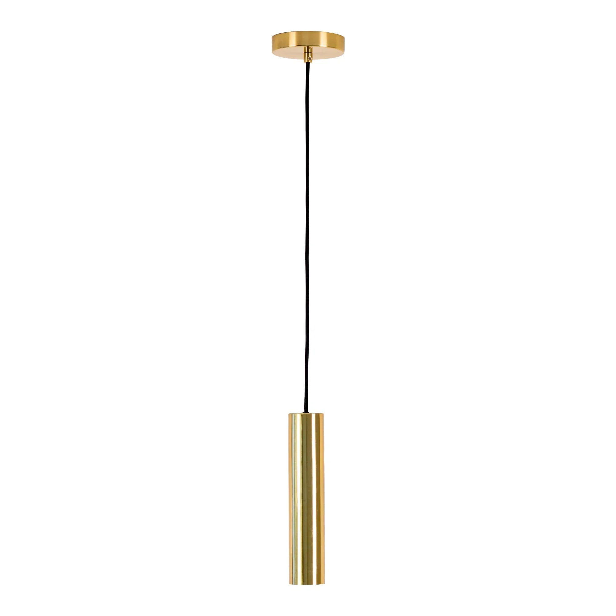 Suspension cylindrique en laiton doré avec cordon en tissu – H28 cm