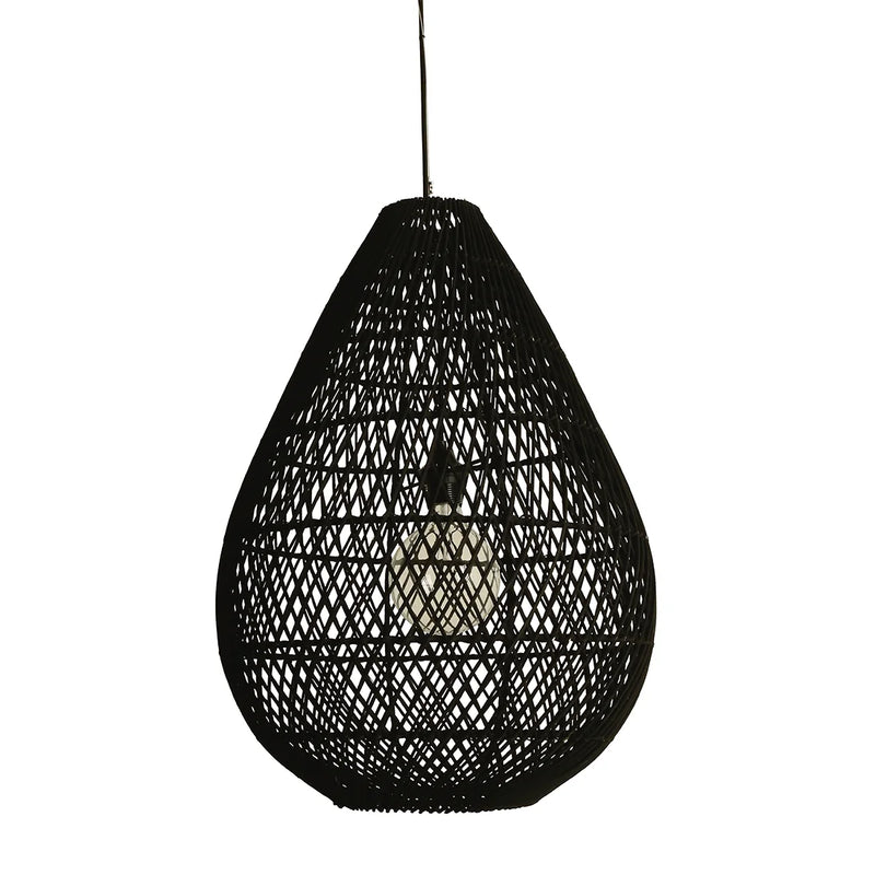 Suspension goutte en rotin noir ajouré pour salon – Ø45x65 cm