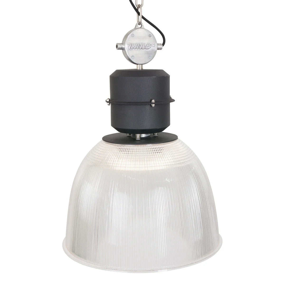 Lampe suspendue industrielle en métal noir et verre strié transparent Ø41 cm