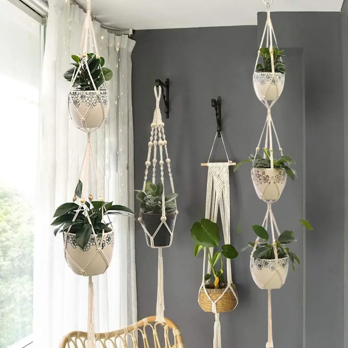 Suspension macramé pour plante en coton naturel avec franges et plantes en pot