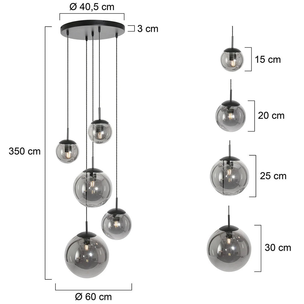 Suspension multiple en verre fumé noir boules dégradées avec un lustre à pendentifs sphériques