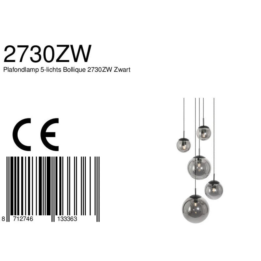 Suspension multi-boules en verre fumé noir dégradé avec cinq lampes en forme de sphère