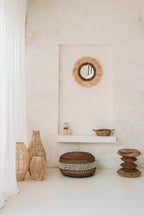 Miroir ovale en rotin ajouré naturel avec cadre en raffia fringé 35x60 cm