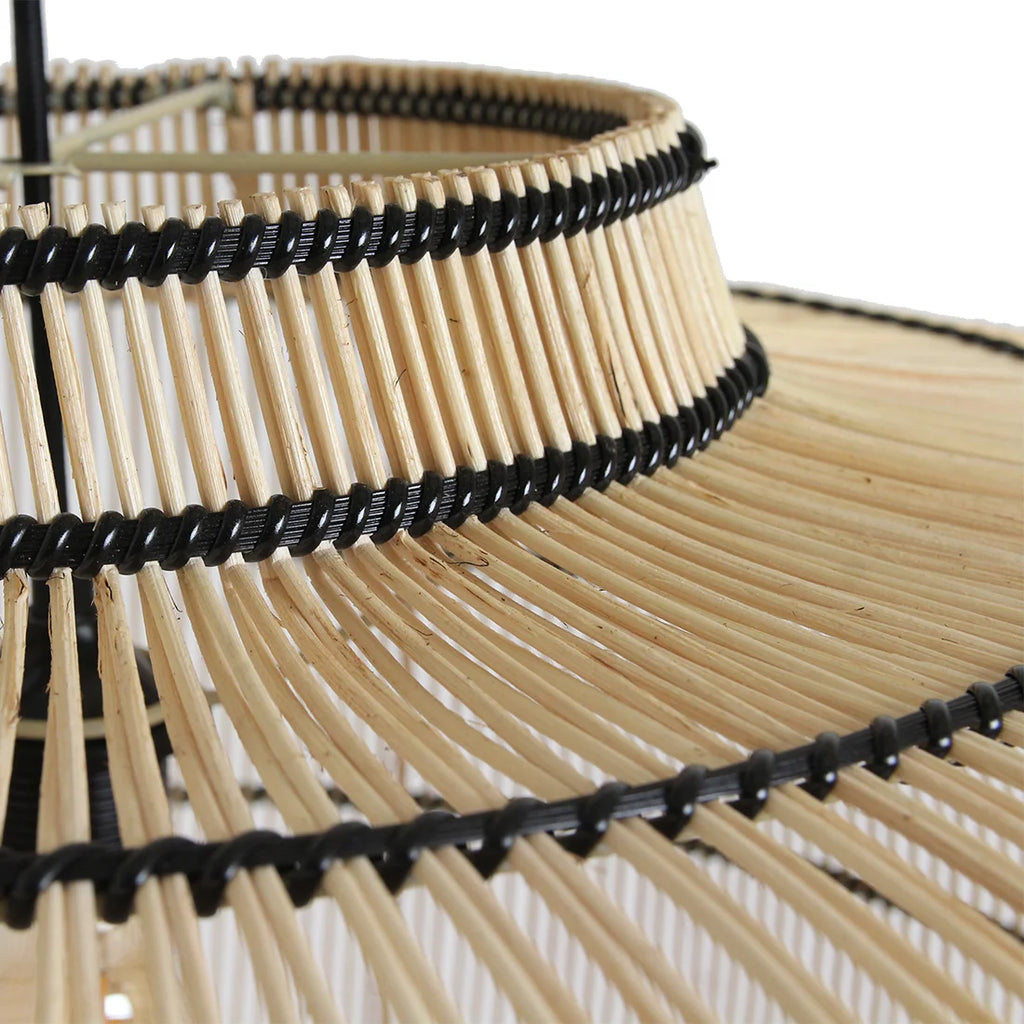 Abat-jour en bambou naturel ajouré noir torsadé forme tambour Ø61 cm
