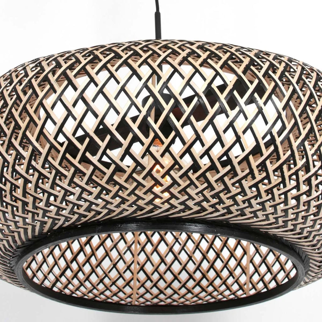 Suspension en rotin tressé noir et bois clair ovale de 60 cm, lampe ronde et suspendue