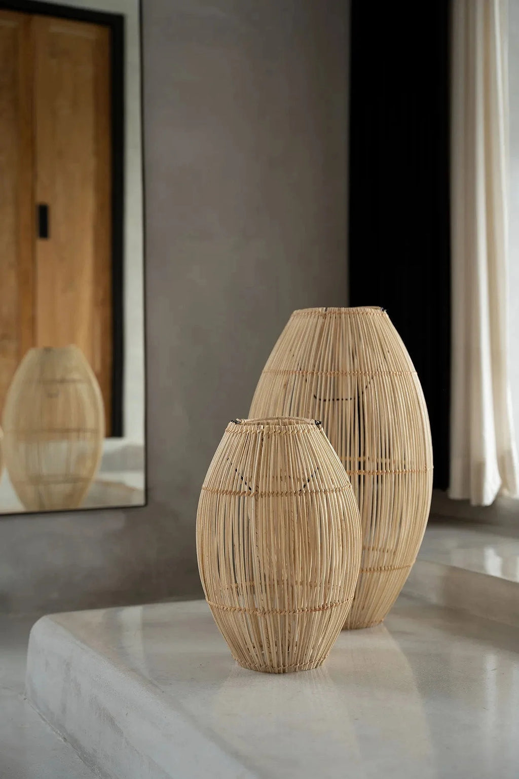 Vases en rotin tressé ovales naturels avec volets verticaux, H48 cm