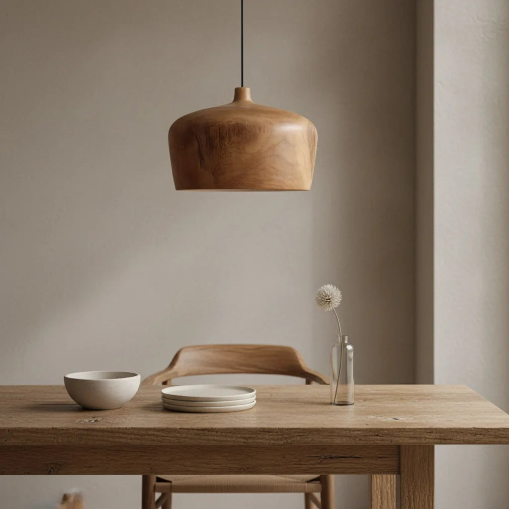 Suspension en teck naturel dôme arrondi Ø30 cm pour salon