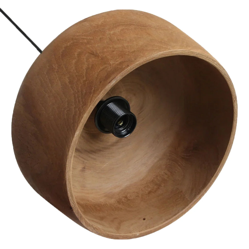 Suspension en teck naturel dôme arrondi Ø30 cm ton chaud grain visible
