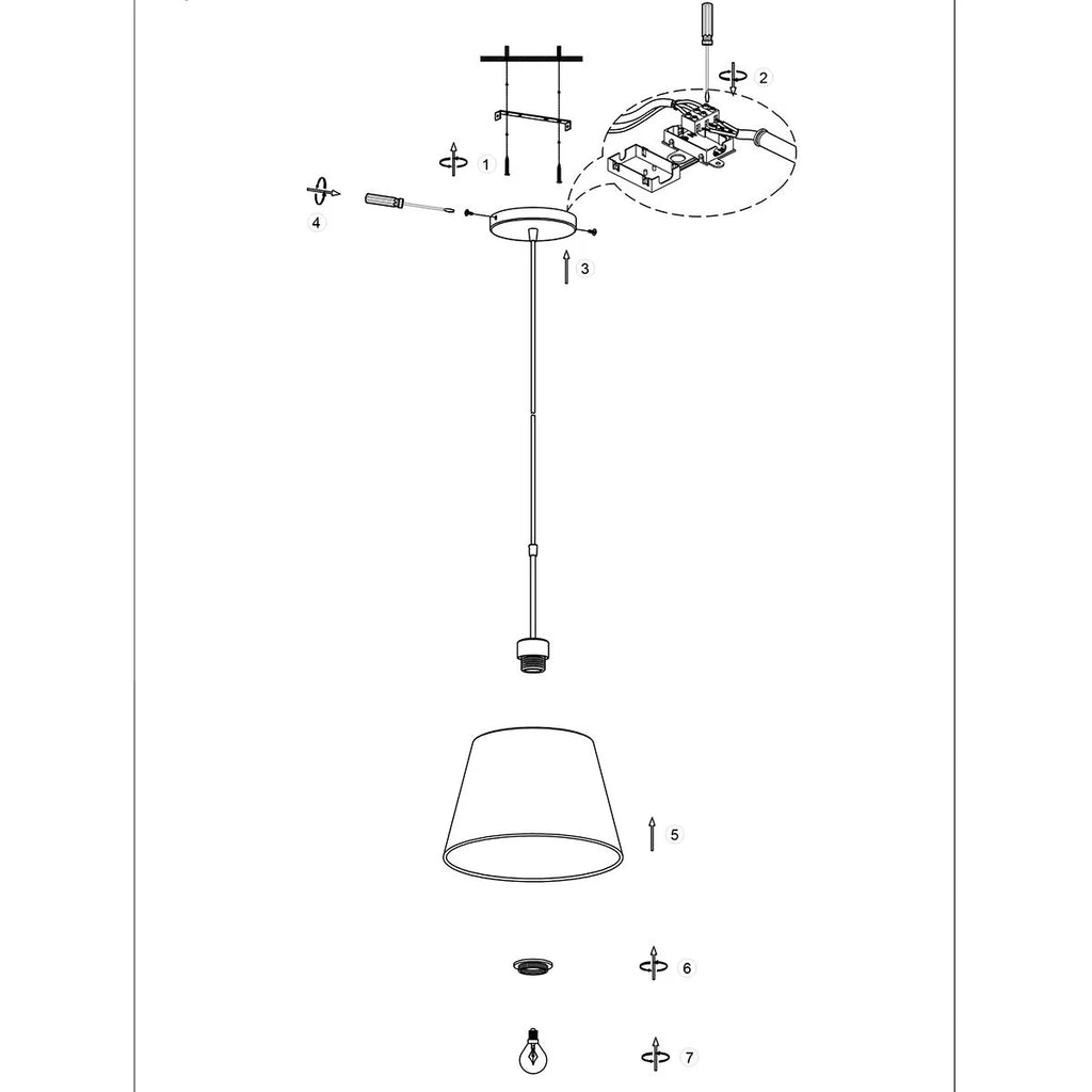 Diagram éclaté d’un luminaire à suspension tissu beige effet lin cylindre nickel brossé Ø50 cm