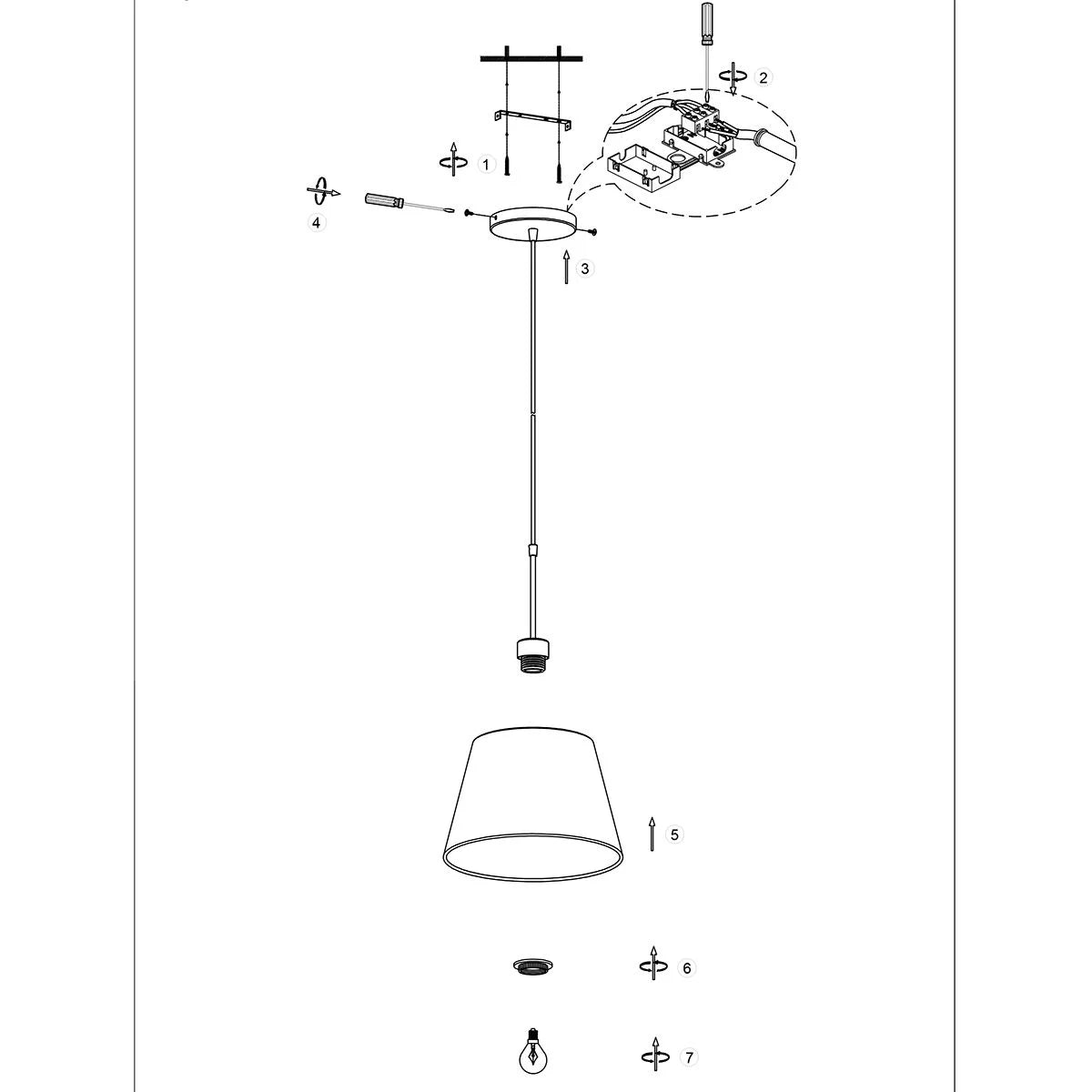 Diagram éclaté d’un luminaire à suspension tissu beige effet lin cylindre nickel brossé Ø50 cm