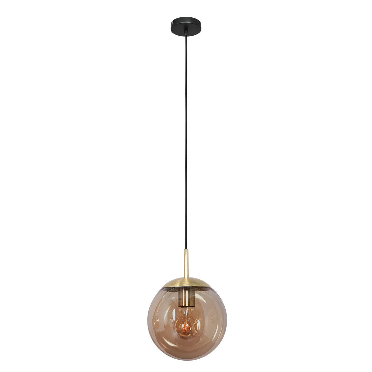 Suspension en verre ambre et métal doré sphérique avec globe fumé, diamètre 30 cm