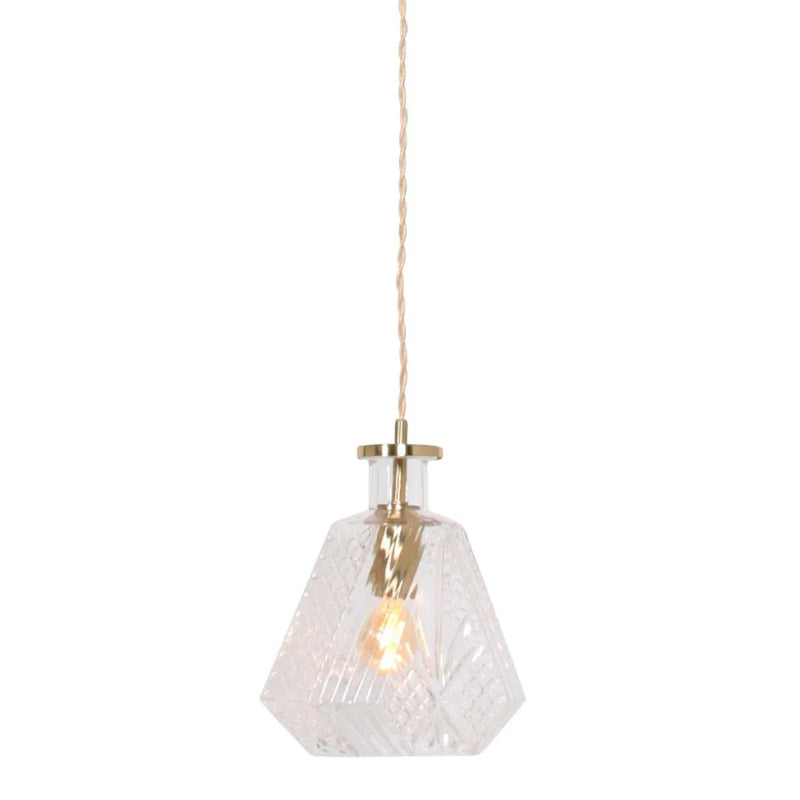 Suspension verre facetté et laiton doré à câble torsadé – Ø18 cm