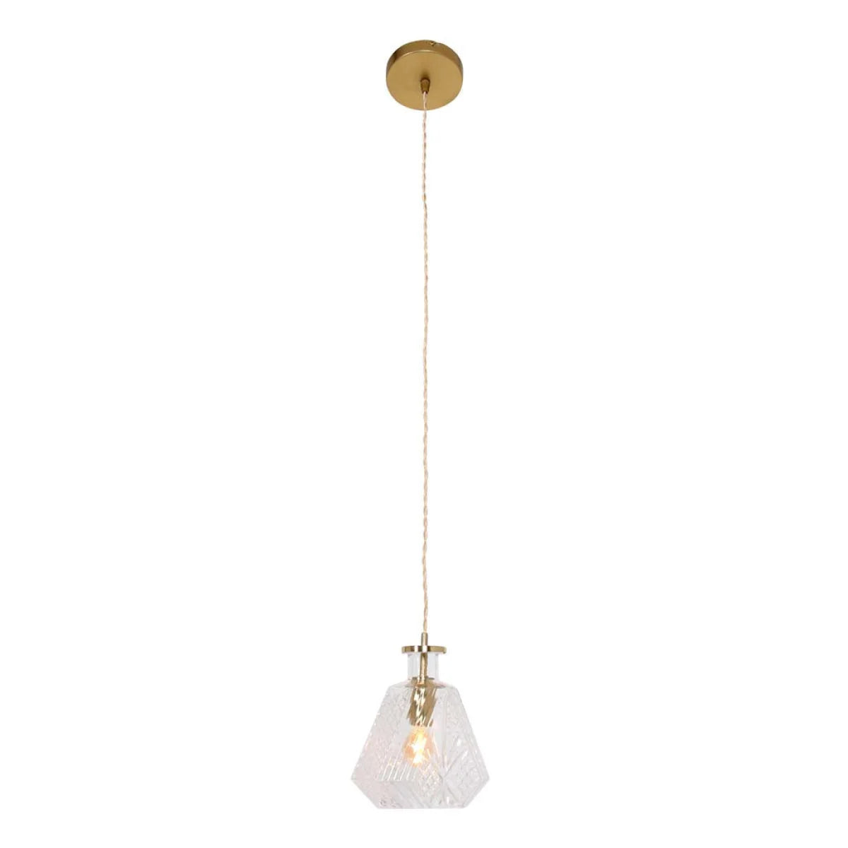 Suspension en verre facetté et laiton doré avec câble torsadé, diamètre 18 cm