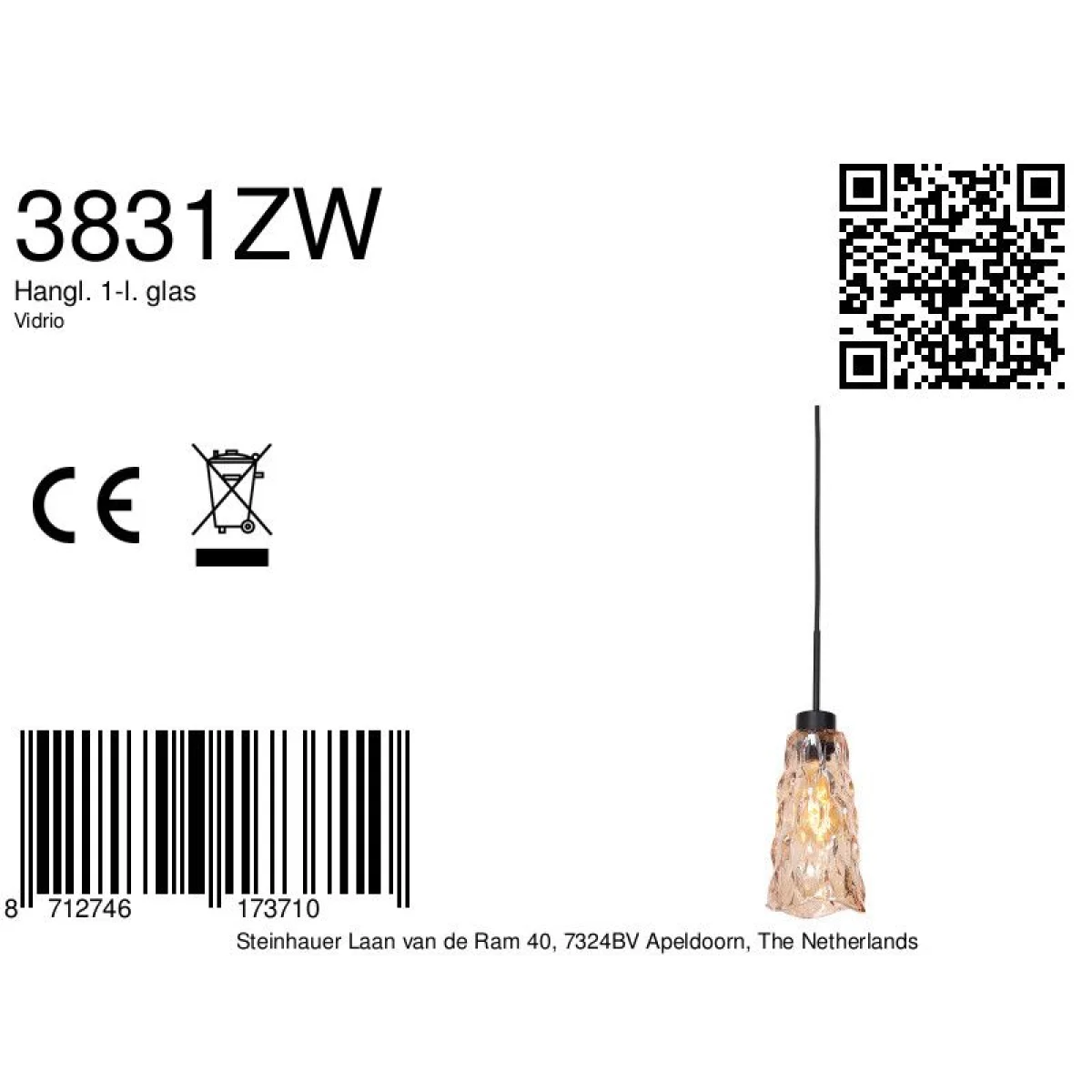 Étiquette d’information produit pour Suspension en verre ondulé ambre et métal noir ajustable Ø14 cm