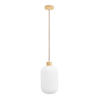 Suspension en verre opalin cannelé et bois clair Ø20 cm