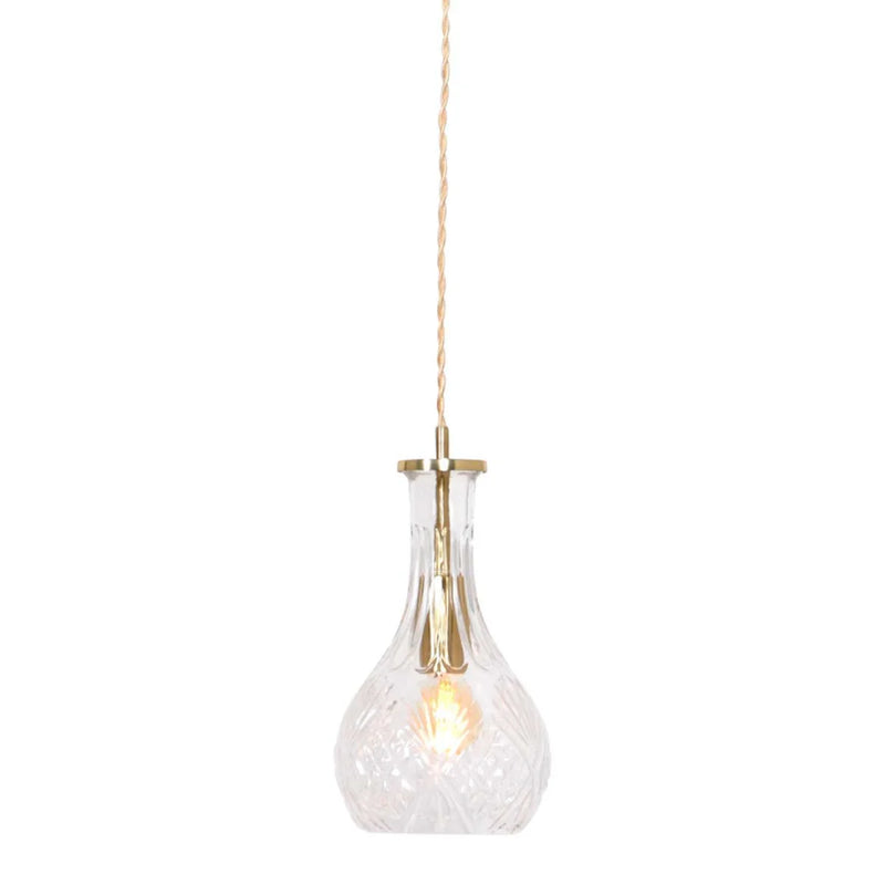 Suspension en verre taillé transparent et laiton doré forme goutte – Ø14 cm