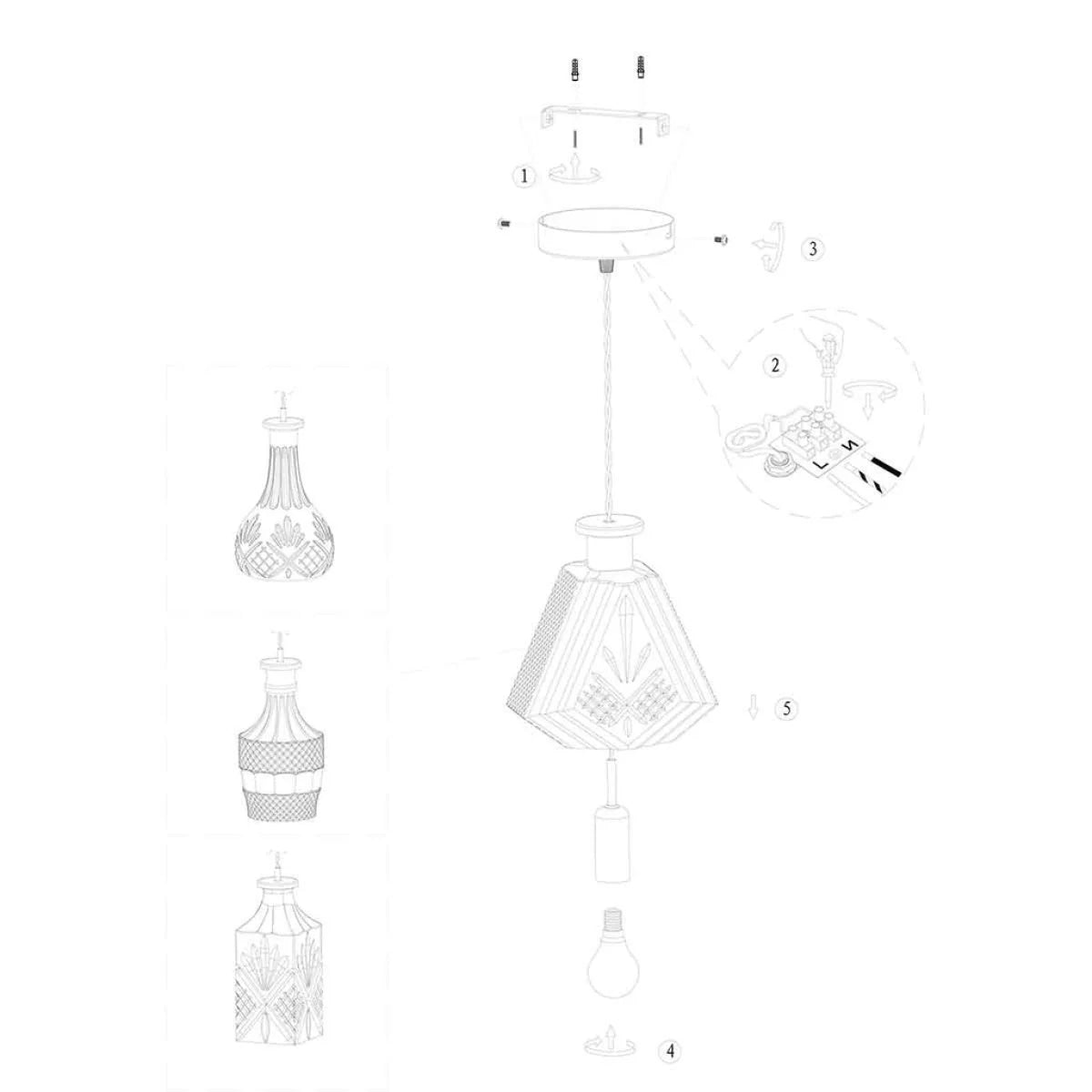 Vue éclatée du plafonnier en verre taillé transparent et laiton doré goutte Ø14 cm