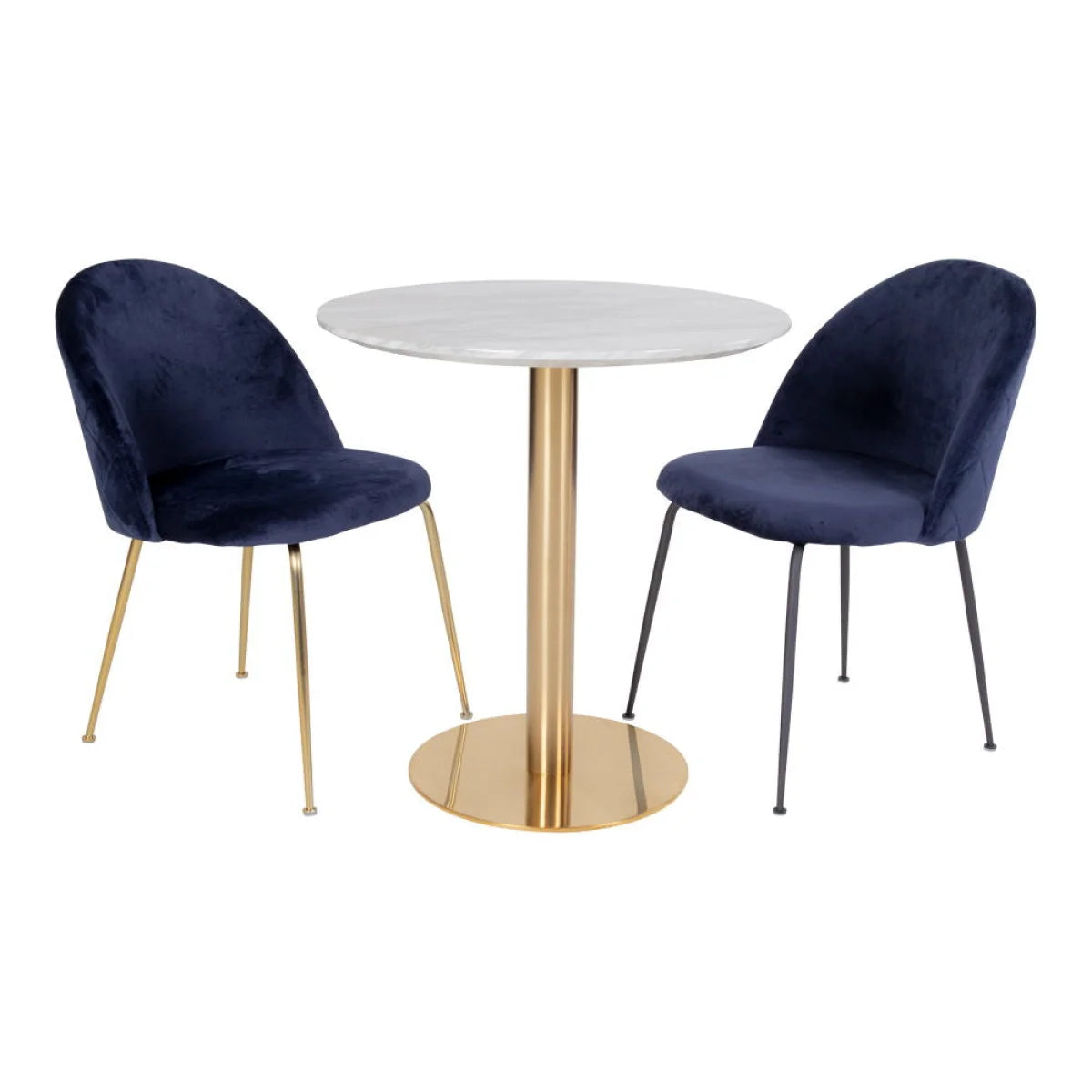Chaises velours bleu marine pieds métal doré et noir près table ronde marbre blanc Ø70 cm