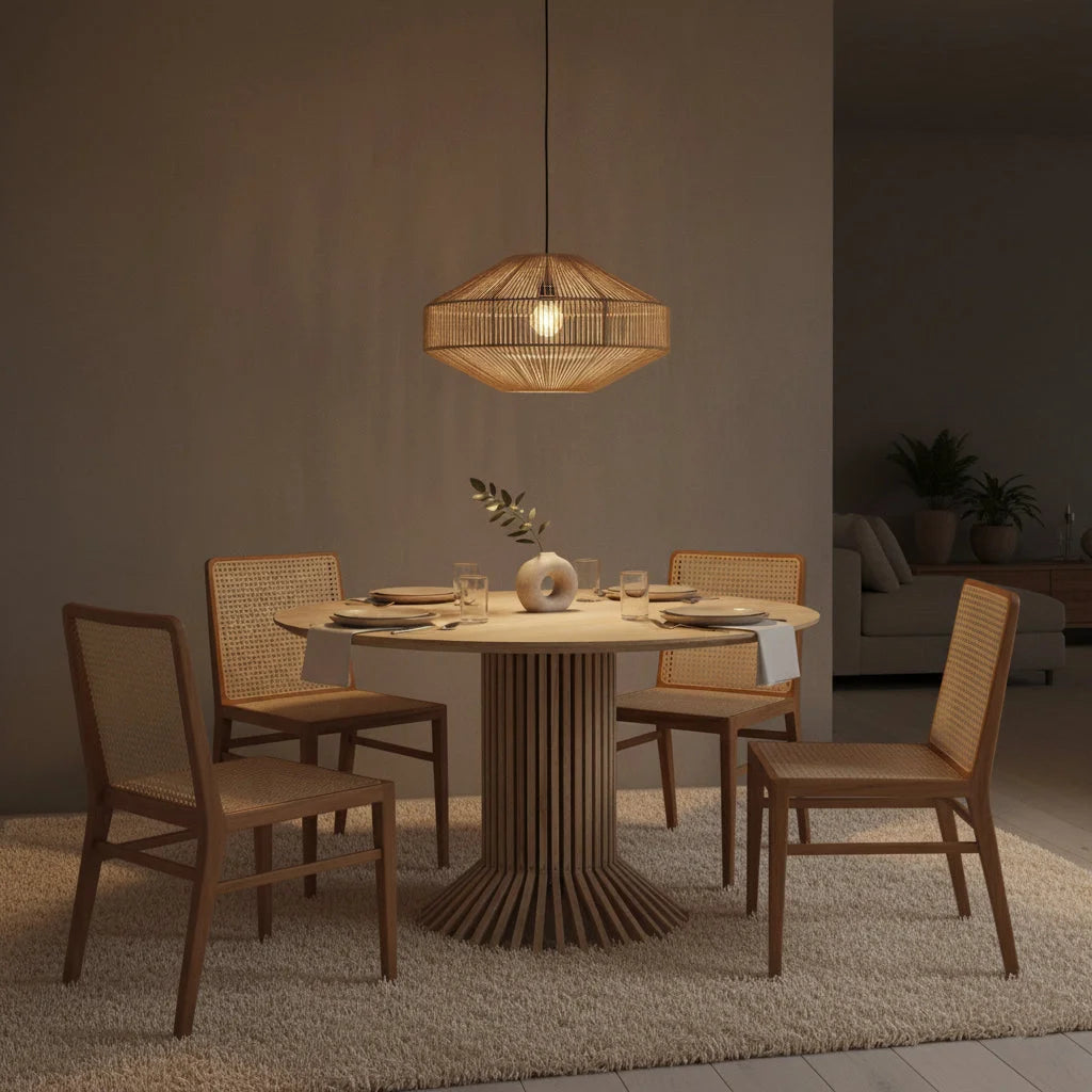 Lampe pendentif en rotin tressé géométrique sur table ronde en teck recyclé Ø120 cm